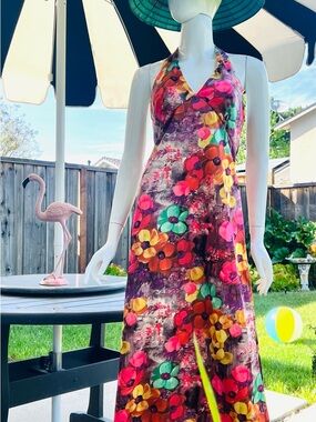 Vintage 70’s Abstract Floral Boho Tiki Halter Maxi Dress